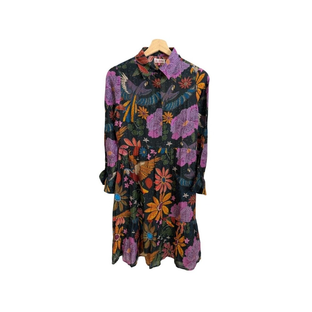Sal Rosa Maximalist Tropical Floral Bird Print Silk Blend Shirt Dress Black‎ XS